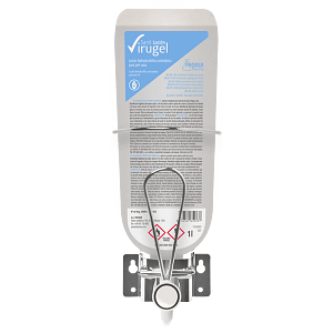 Product-Support-Sanit-Locion-Virugel-PGS_1000_CODAL-INOX_Front Image of Sanit LOCIÓN VIRUGEL in flat bottle format with PGS 1000 INOXEL elbow-operated support.