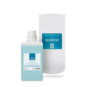 Producto Sanit Sensitive junto al dispensador mural PGS 1000 de 1L