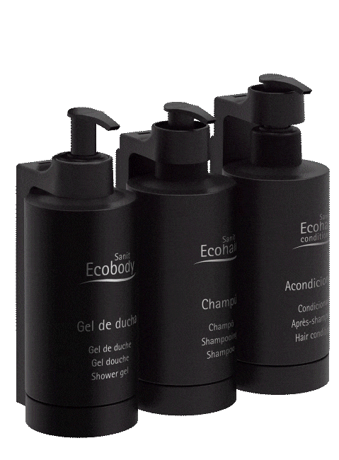 Imagen en movimiento del soporte con los envases de la Línera Black Amenities