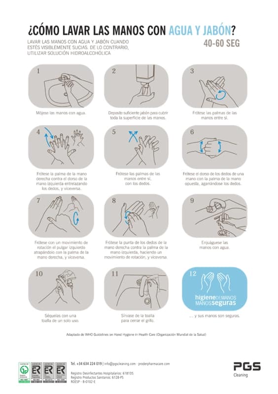 Póster sobre la higiene de manos con agua y jabón.