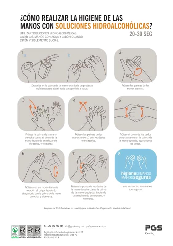 Póster sobre la desinfección de manos con preparados alcohólicos.
