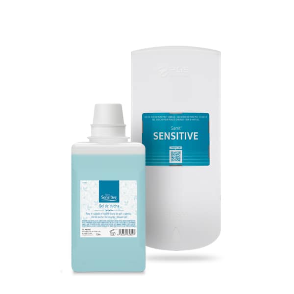 Producto Sanit Sensitive junto al dispensador mural PGS 1000 de 1L