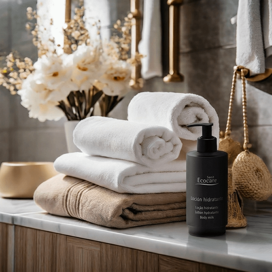 Imagen de refuerzo con Sanit ECOCARE para la entrada de amenities de lujo.